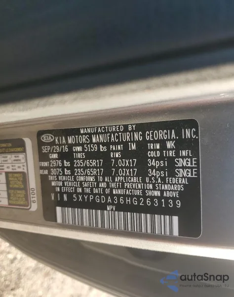 2017 Kia Sorento Lx z USA, uszkodzony, nr VIN 5XYPGDA36HG263139